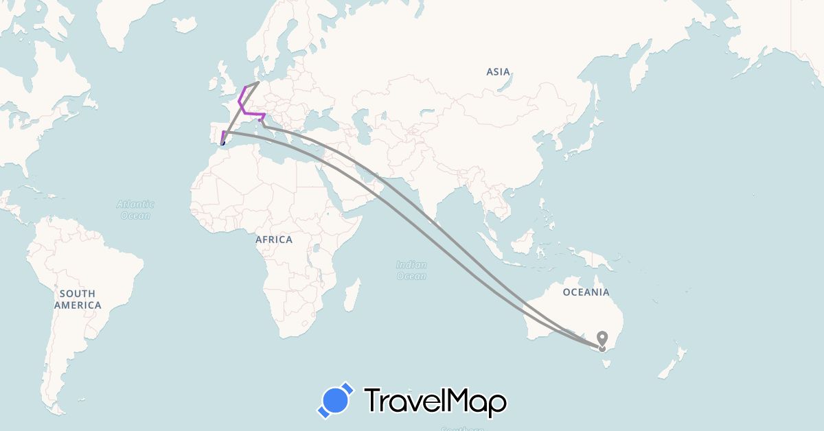 TravelMap itinerary: driving, bus, plane, train in Australia, Germany, Spain, France, Italy, Netherlands (Europe, Oceania)